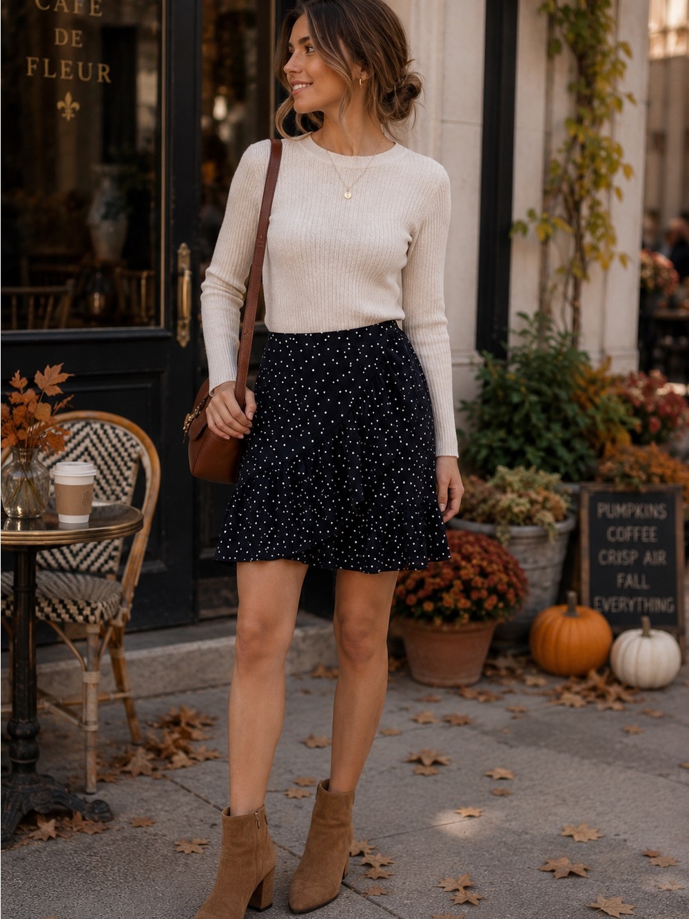 LOFT Navy Polka Dot Wrap Skirt • Ruffle Tiered Feminine Fall Style • Size 8